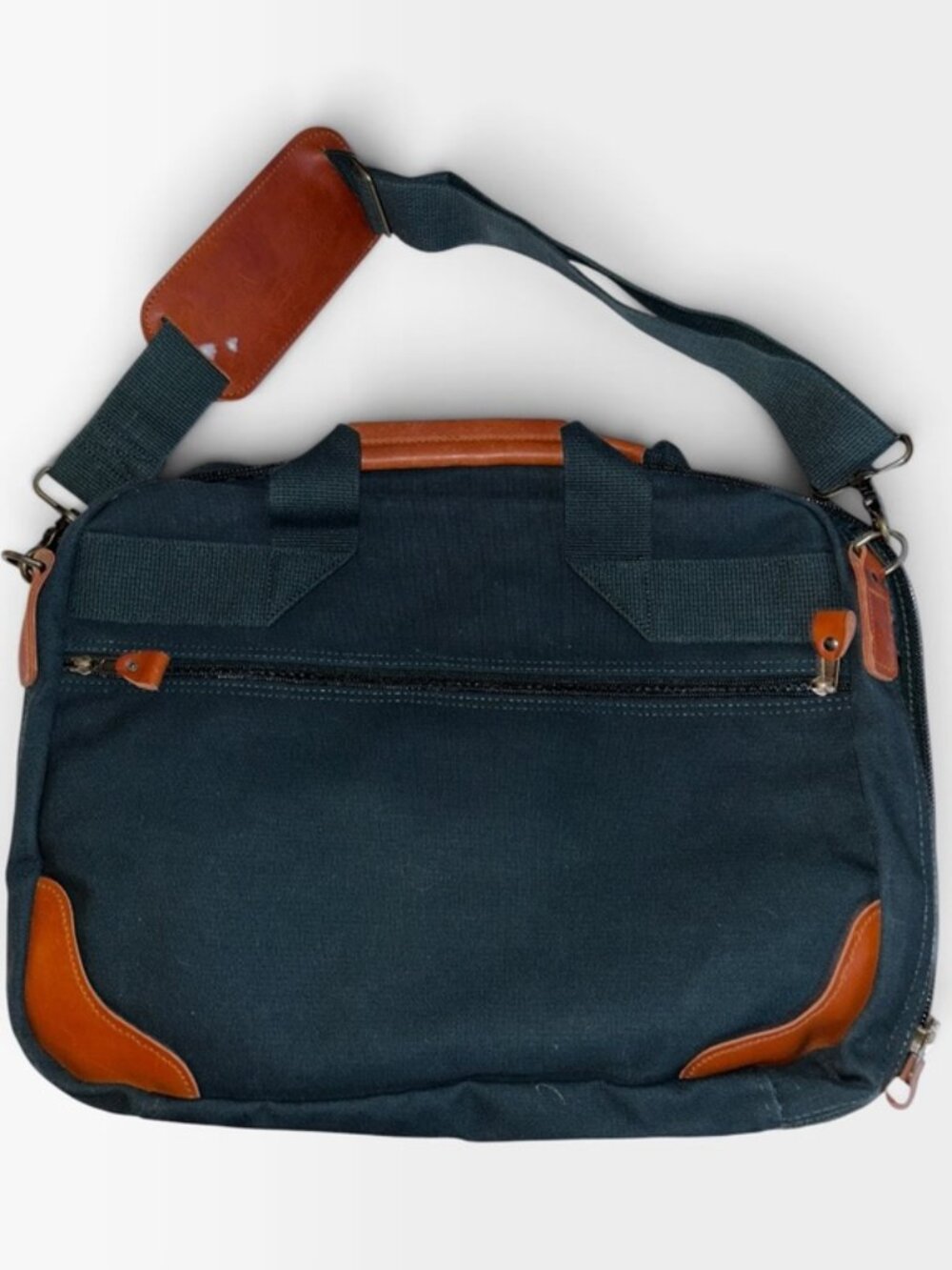 Lands' End Vintage hunter green brown leather trim weekender/computer bag